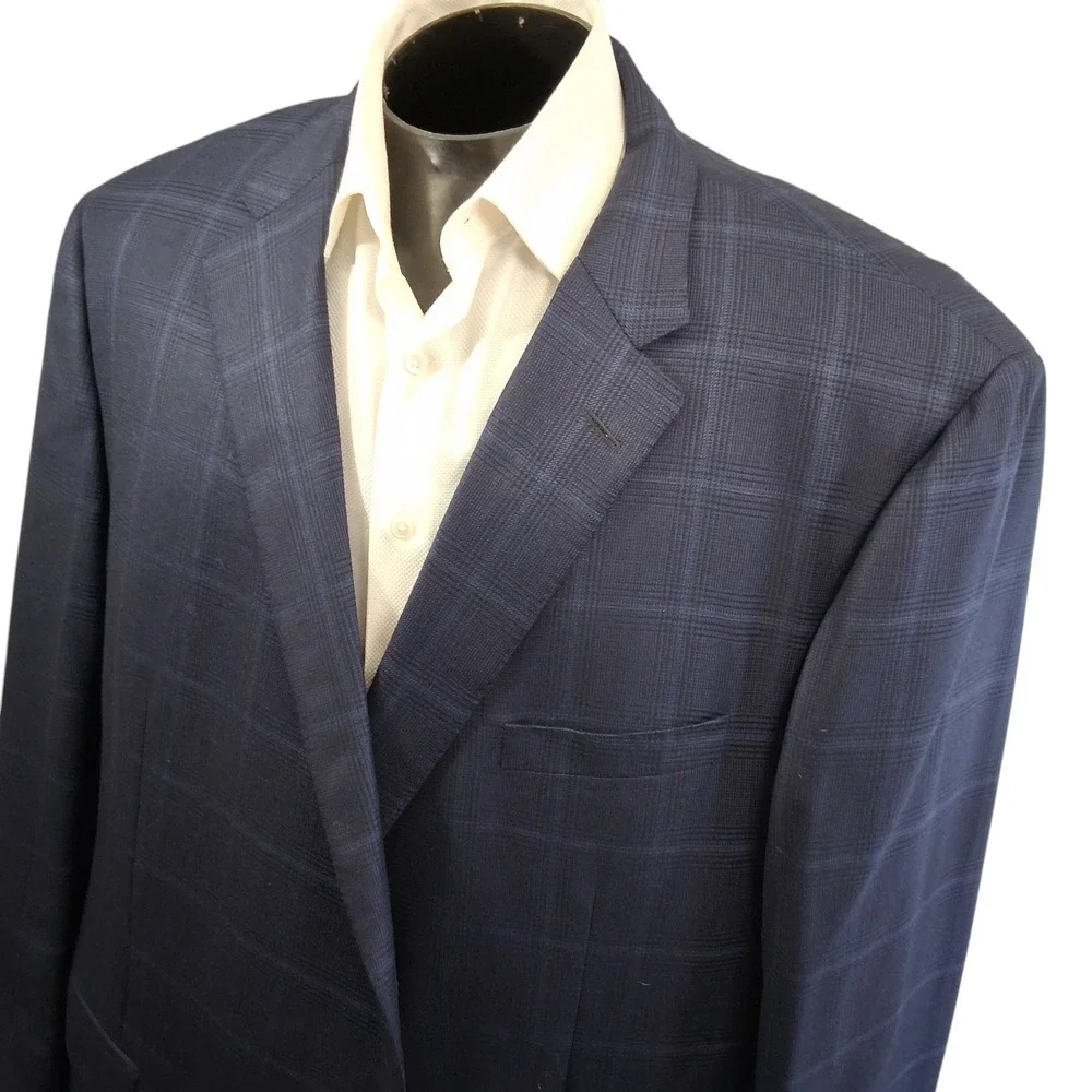 Samuelsohn Mens Blazer 54 Extra Tall Blue Plaid Wool Silk Sport Coat Italy